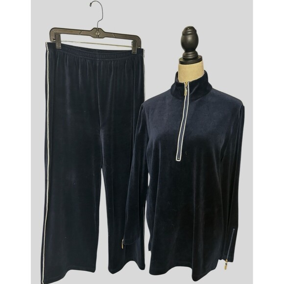 ST. JOHN Sport Marie Gray 2pc Track Suit  Blue Velour 1/4 Zip Jacket Pants M - Picture 1 of 16